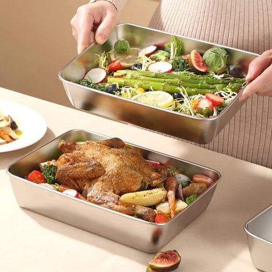 Convertible stainless steel dish: Store and serve with elegance